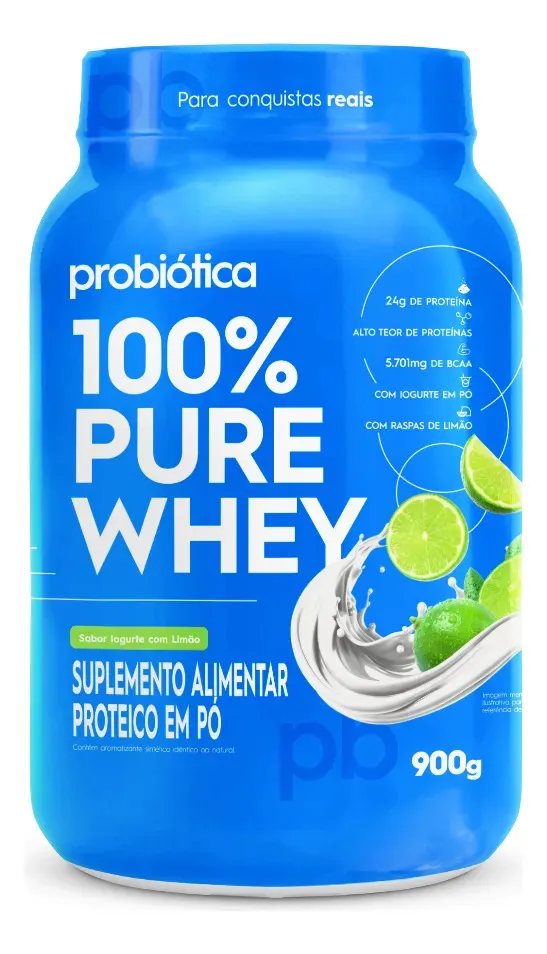 Pote de whey protein Probiótica 100% Pure Whey sabor iogurte com limão