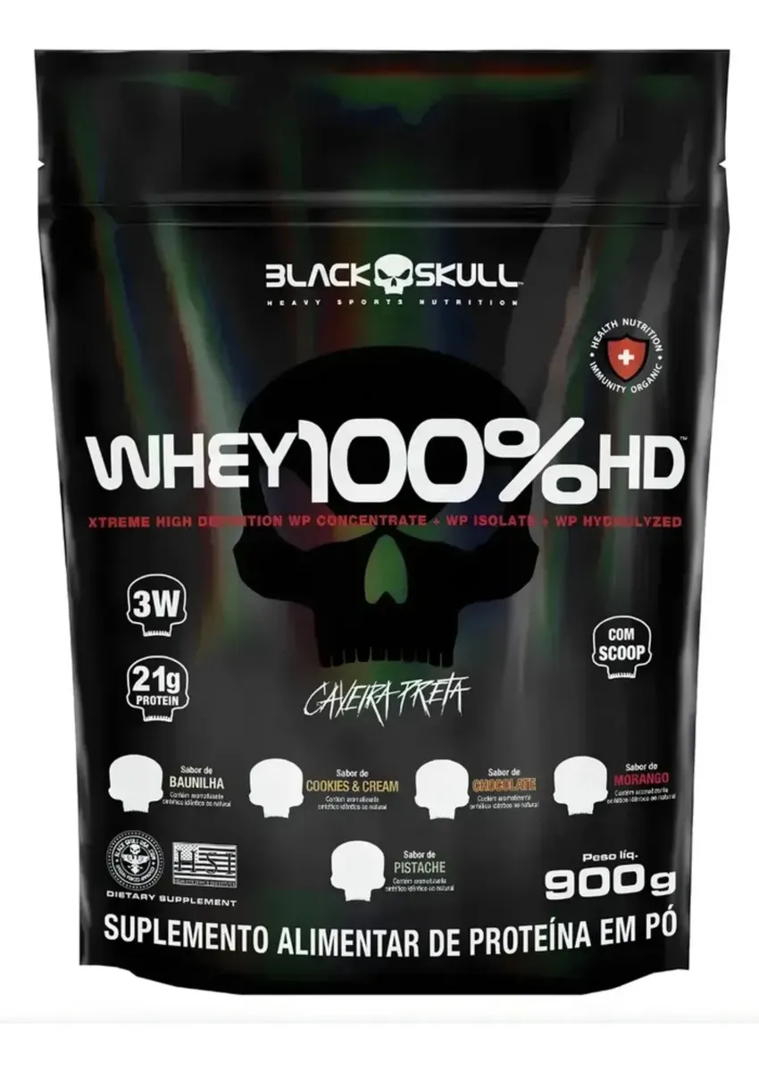 Pote de whey protein Black Skull Whey 100% HD sabor baunilha