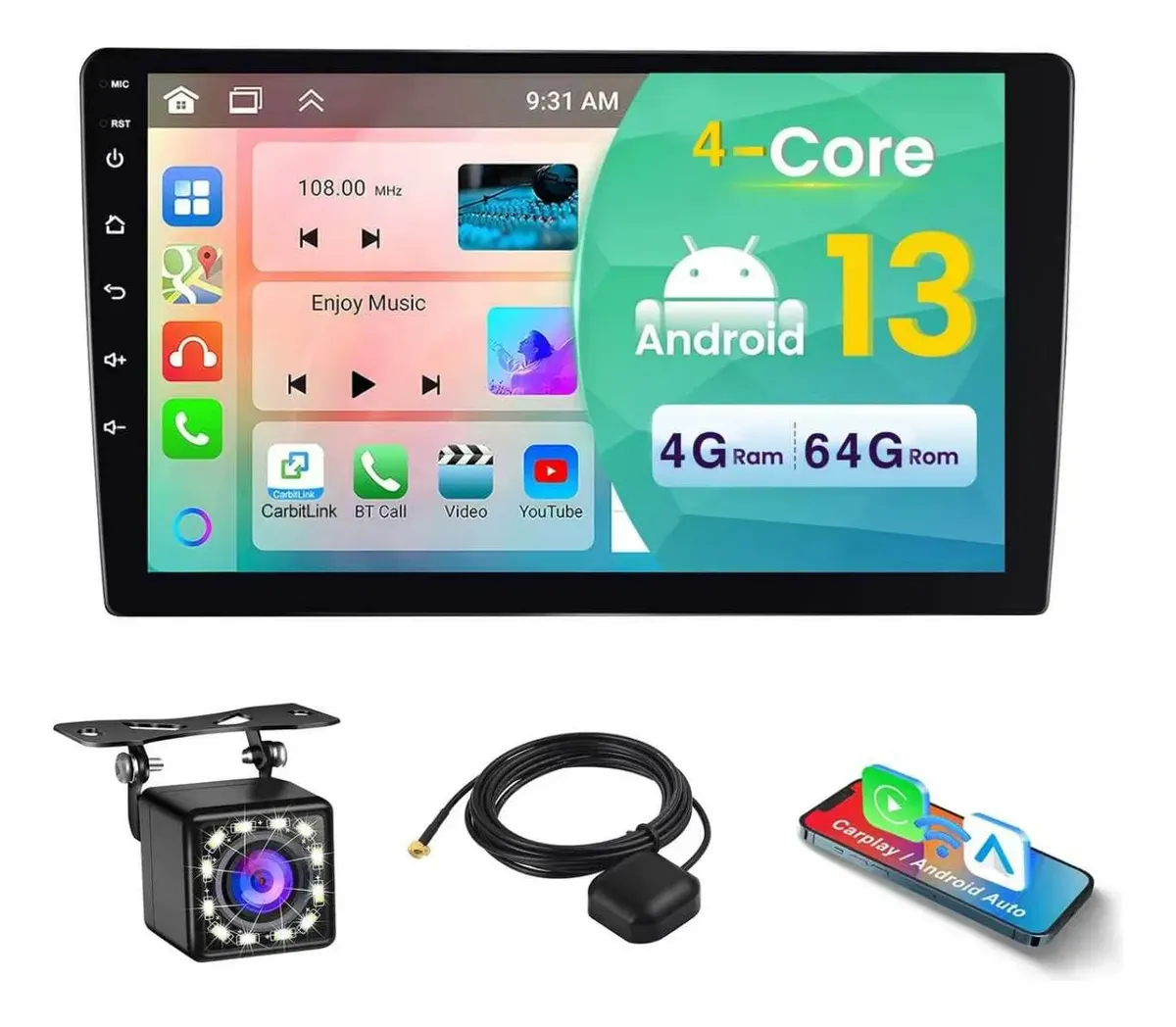 Central multimídia CarPlay e Android Auto com 4 GB de RAM, 64 GB, Wi-Fi, GPS e câmera de ré