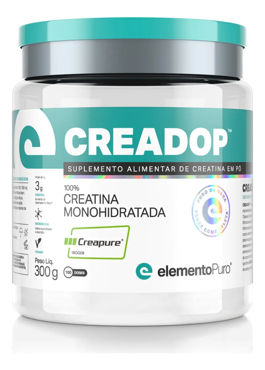 Pote de creatina Elemento Puro Creadop Creapure aprovada no PAM da ABENUTRI