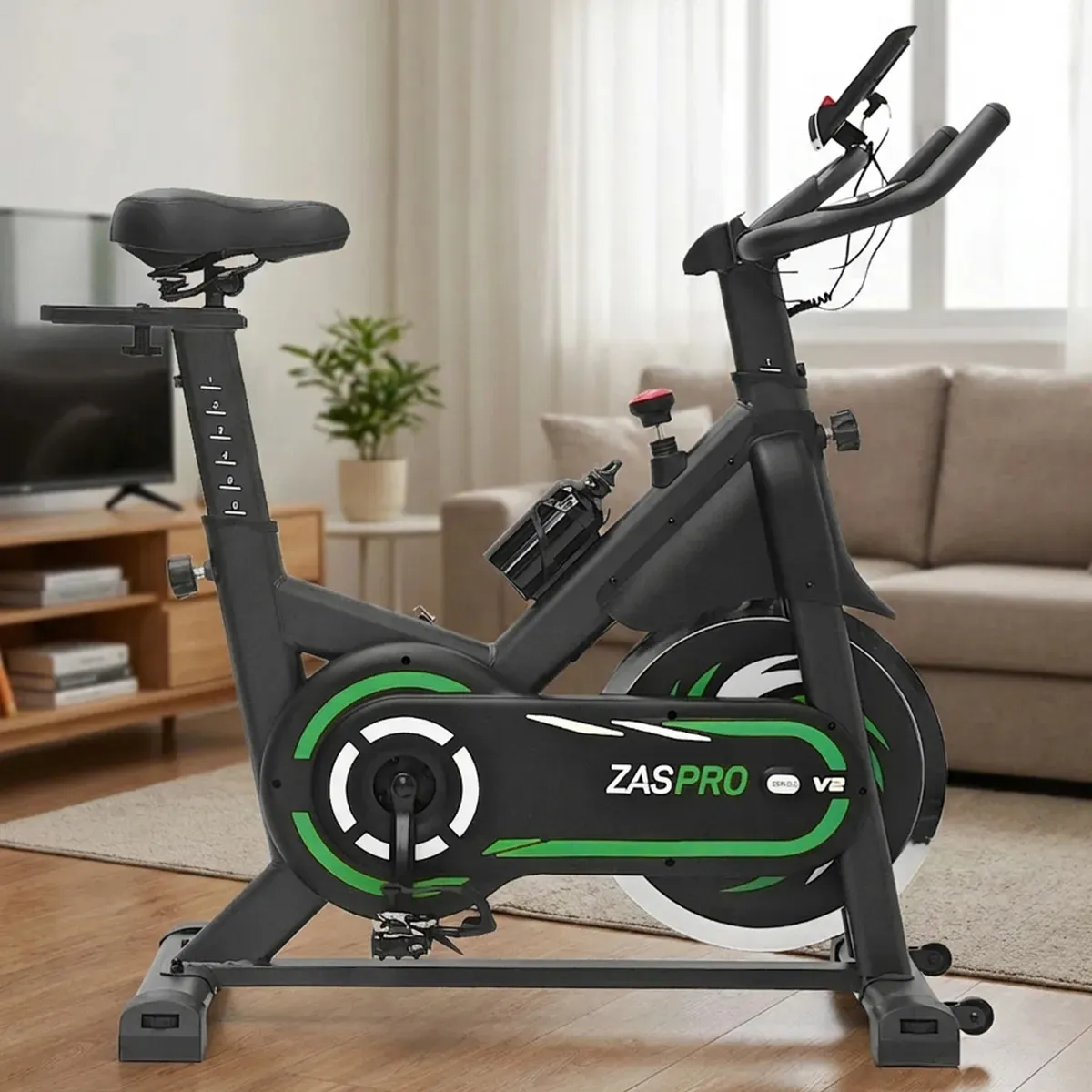 Bicicleta ergometrica de spinning MBX com roda de inercia de 20 kg preta e verde