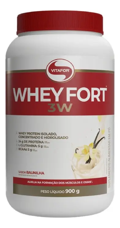 Pote de whey protein Vitafor Whey Fort 3W sabor baunilha