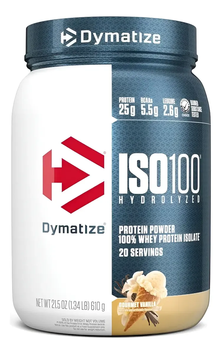 Pote de whey protein isolado hidrolisado Dymatize ISO 100 sabor chocolate