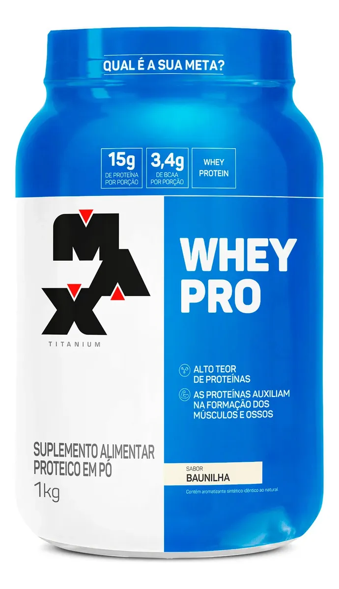 Pote de whey protein Max Titanium 100% Whey sabor baunilha