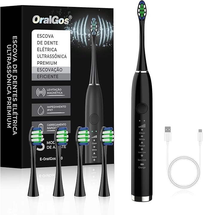 Escova dental elétrica OralGos preta com 4 cabeças substituíveis e 5 modos ultrassônicos