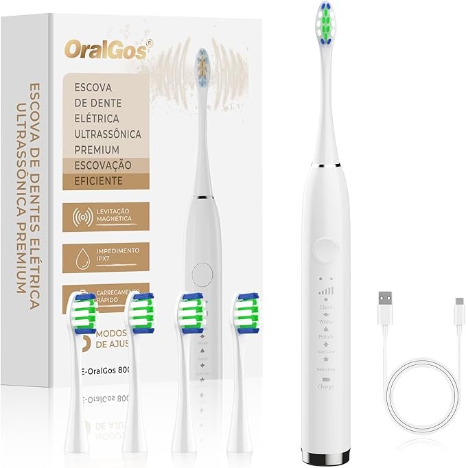 Escova dental elétrica OralGos branca com 5 modos ultrassônicos e 4 cabeças substituíveis
