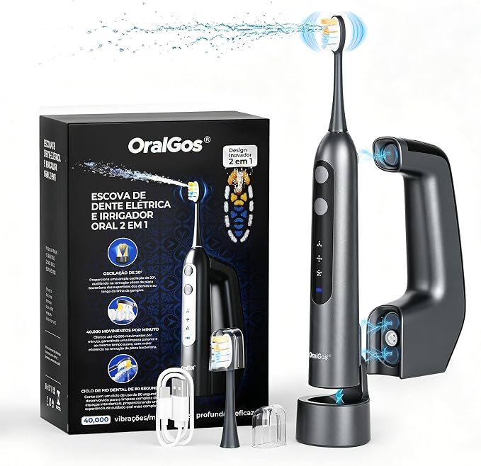 Escova de dentes elétrica OralGos 2 em 1 preta com irrigador oral e reservatório magnético de 150 ml