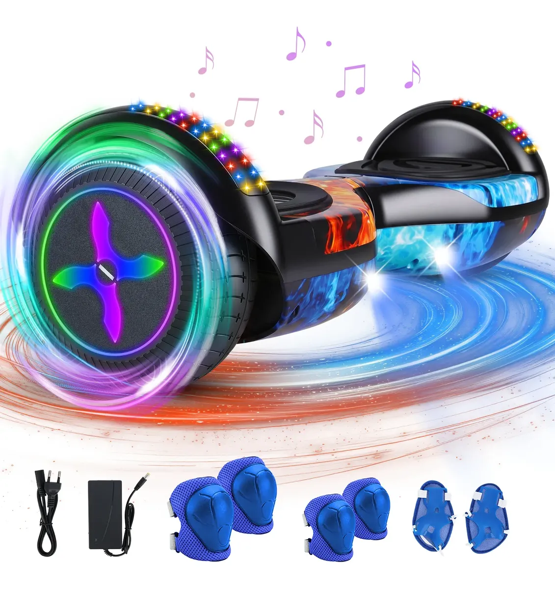 Hoverboard de alumínio Azul-celeste com LED, Bluetooth, suporte de 120 kg e kit de proteção
