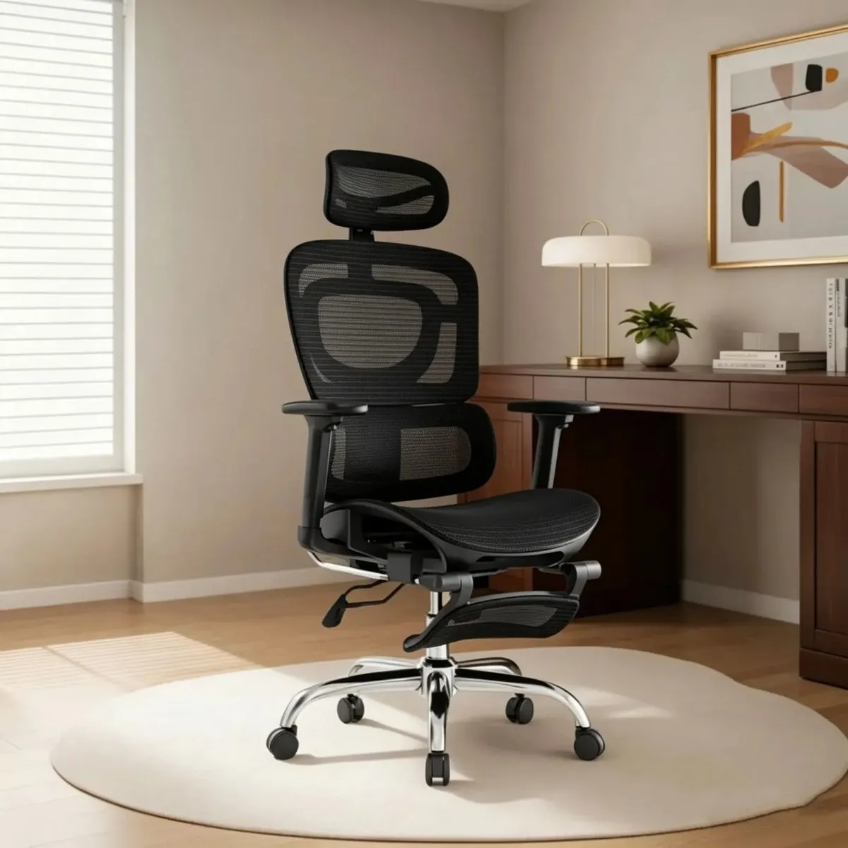 Cadeira de escritório ergonômica Sweet Studio preta em mesh reclinável com apoios de braços