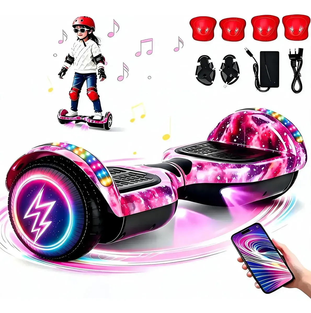 Hoverboard VIFIT Música 6.5 polegadas Céu Estrelado Roxo com LED, Bluetooth e kit de proteção
