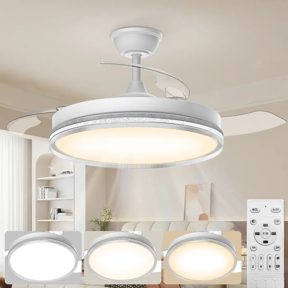 Ventilador de teto Fansvento branco com pás retráteis e plafon de LED
