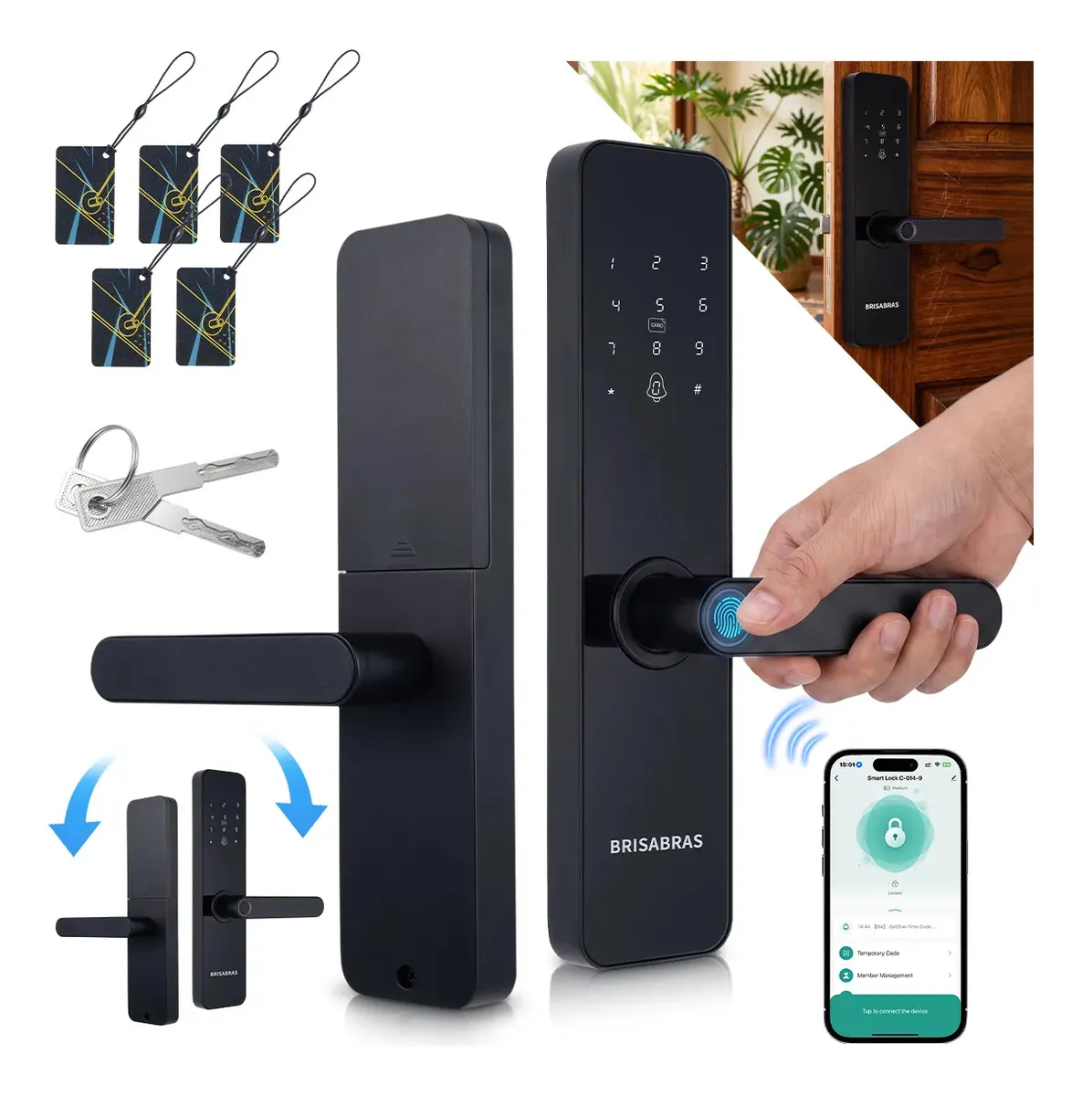 Fechadura eletrônica digital preta com painel touch em vidro temperado, biometria, senha, tag e chave