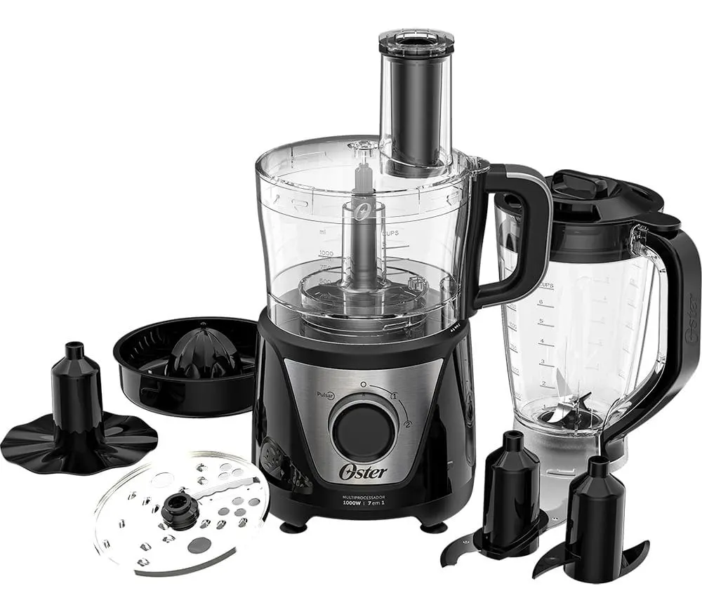 Multiprocessador Oster OMPR850 7 em 1 preto com copo de processador, copo de liquidificador e acessórios
