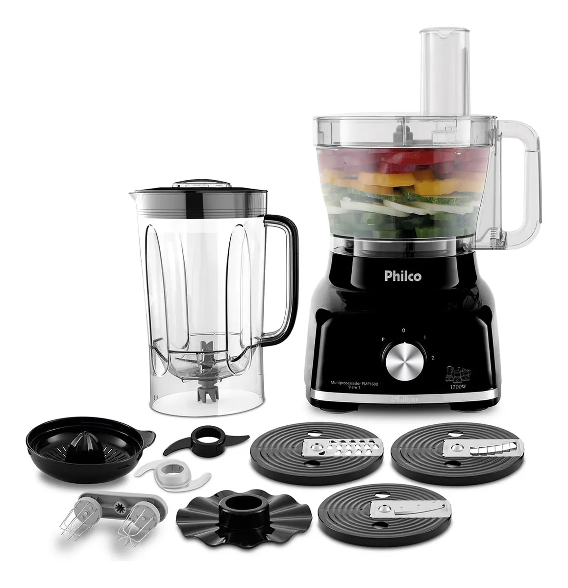Multiprocessador Philco PMP1600P preto de 1700 W com jarra de processador, copo de liquidificador e discos