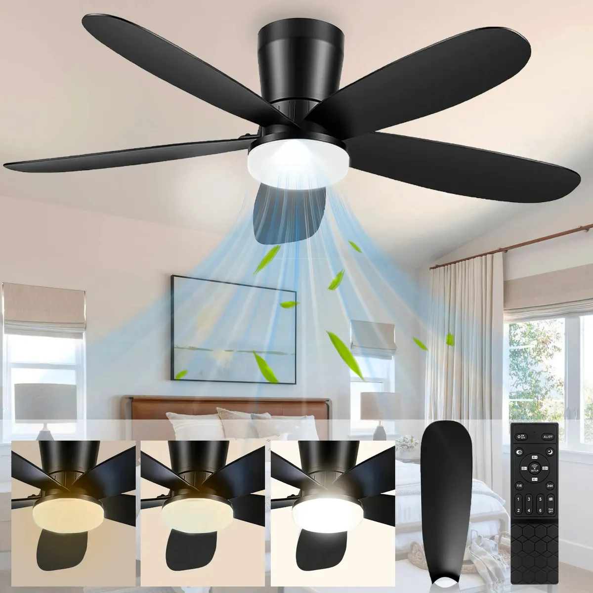 Ventilador de teto preto de 42 polegadas com 5 pás de ABS, luz LED e controle remoto
