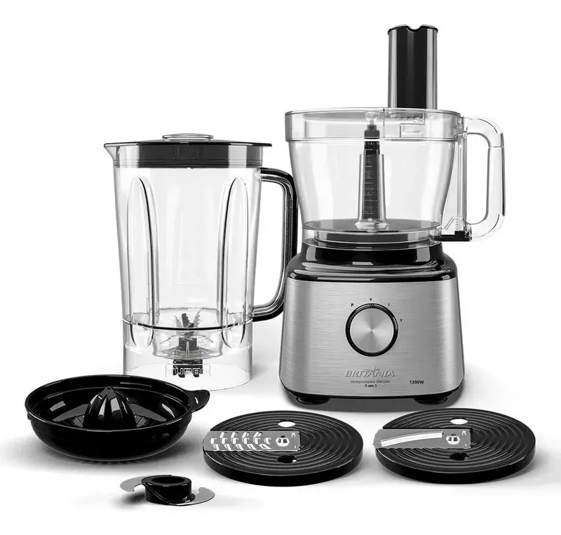 Multiprocessador Britânia BMP2000 prateado de 1300 W com copo de liquidificador, espremedor e discos