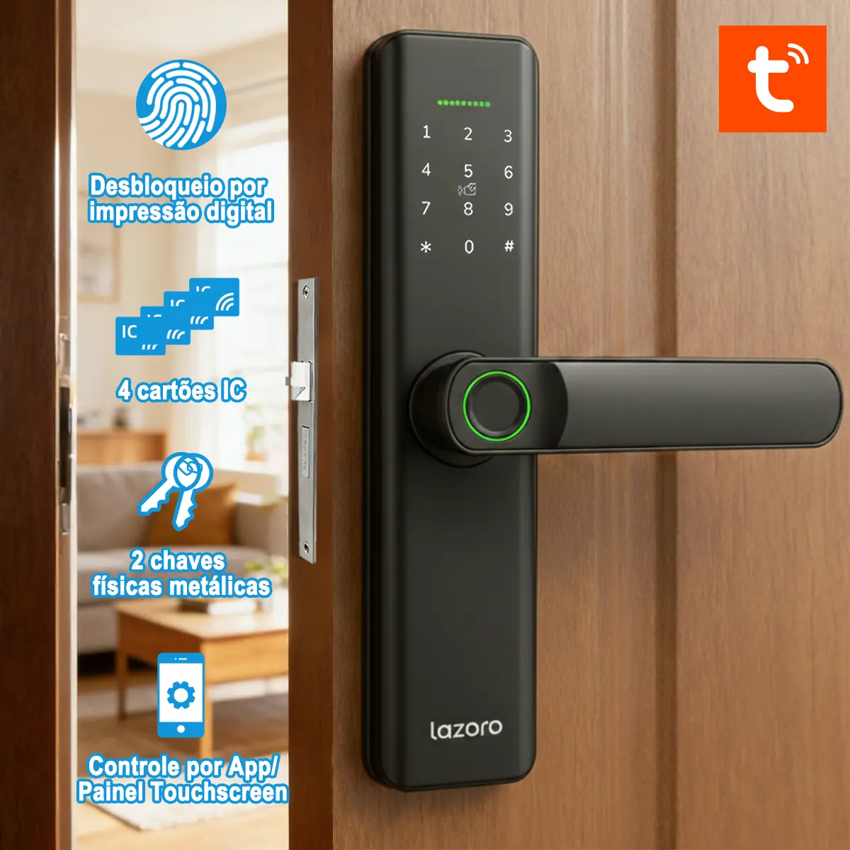 Fechadura eletrônica Lazoro LAM-525B preta com biometria, senha, cartão IC e app Tuya