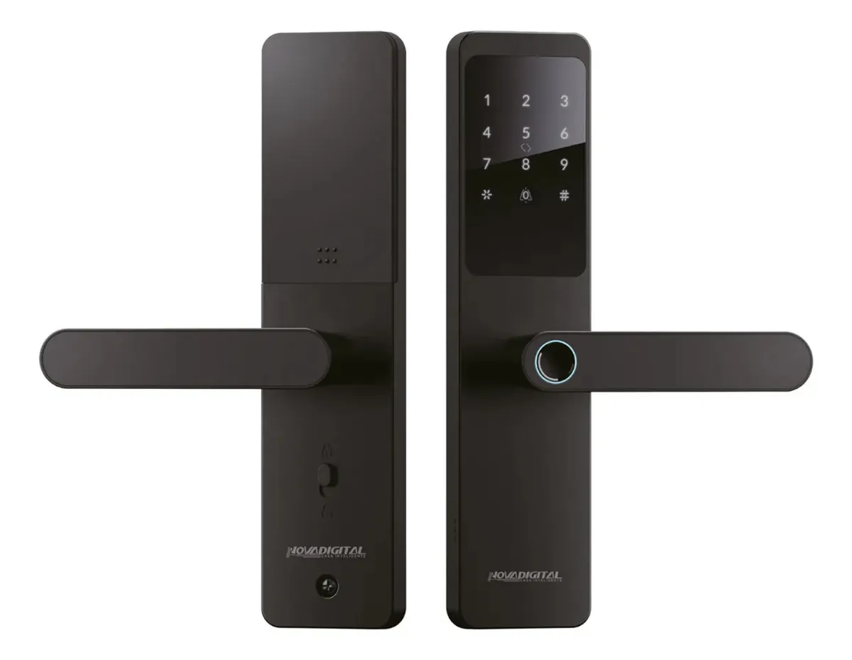 Fechadura digital NovaDigital Fusion preta de embutir com biometria, senha e Wi-Fi