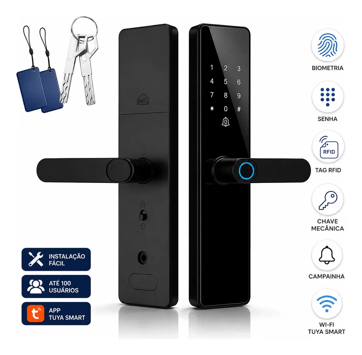 Fechadura eletrônica Homefy H-0210W preta com biometria, senha, cartão, chave e app Tuya