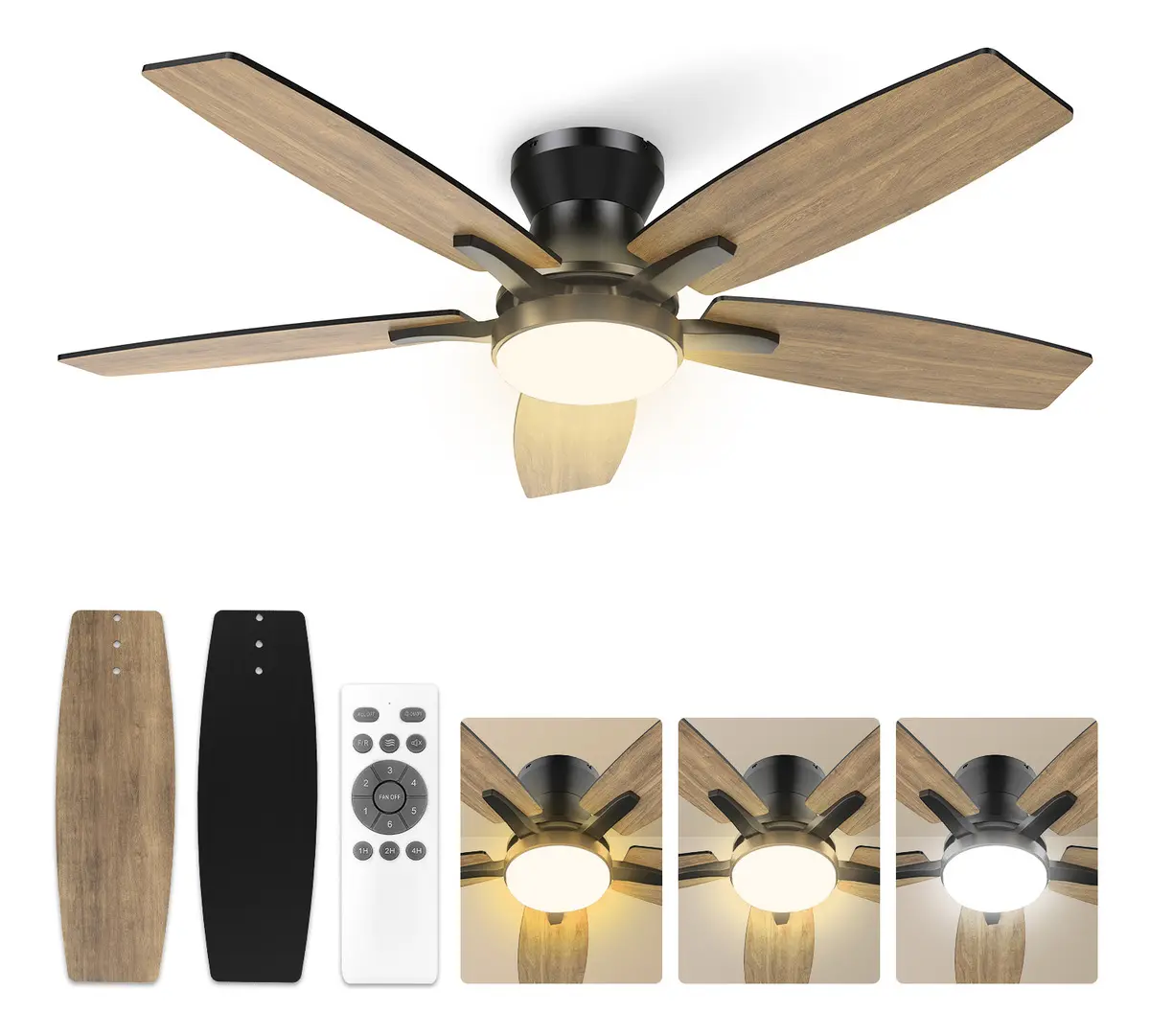 Ventilador de teto Fansvento de 42 polegadas com 5 pás de MDF em tom madeira, luz LED e controle remoto