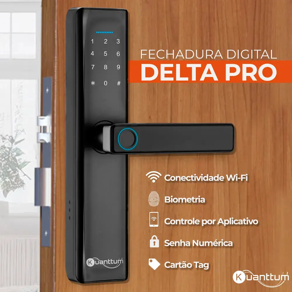 Fechadura digital Kuanttum Delta Pro preta com biometria, senha, cartão tag e Wi-Fi