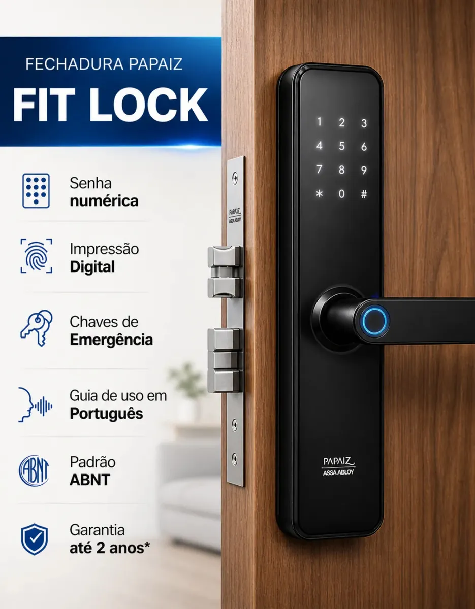 Fechadura eletrônica Papaiz Fit Lock preta com senha, biometria e chave de emergência